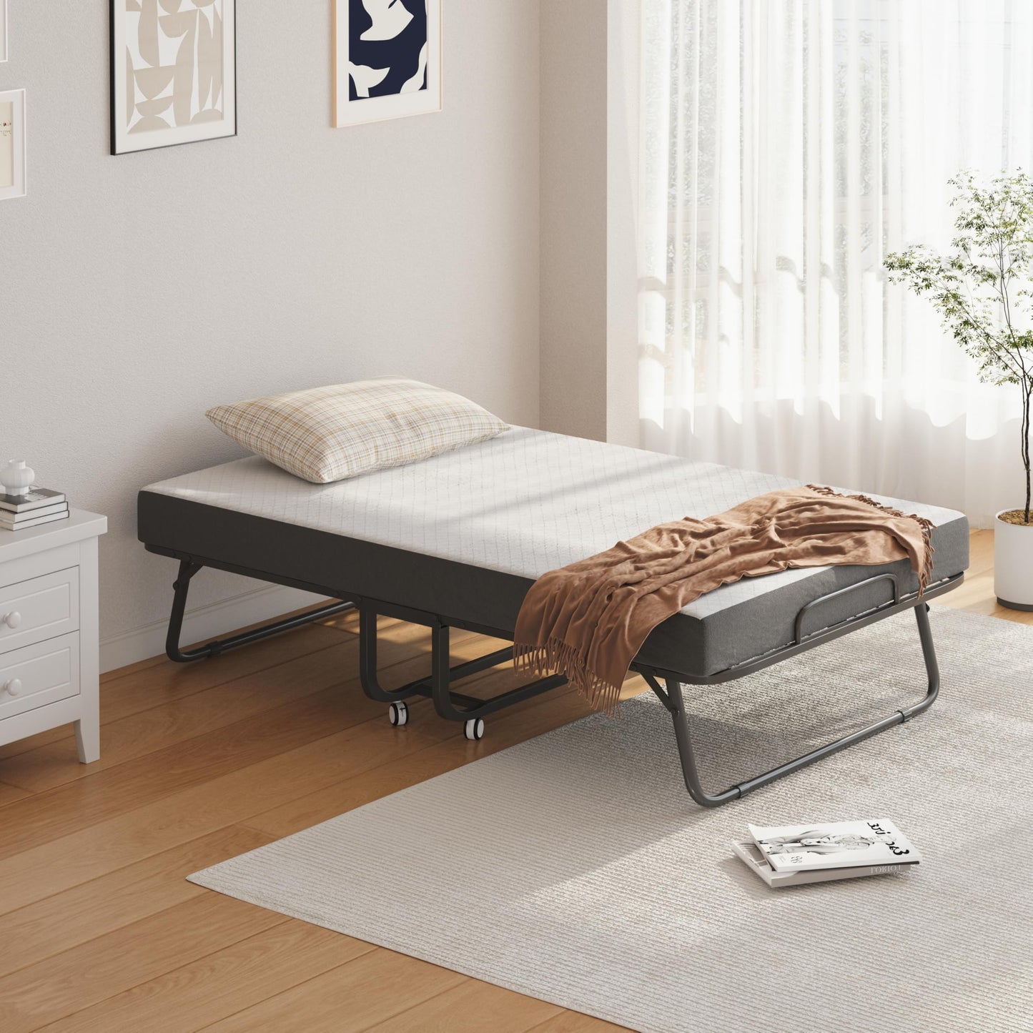 CAIYUN Folding Bed with Mattress and Storage Cover - 75"x38" Twin Size Frame, Portable Rollaway Guest Bed with 5-inch Memory Foam Mattress, Space-Saving Foldable Design for Easy Storage