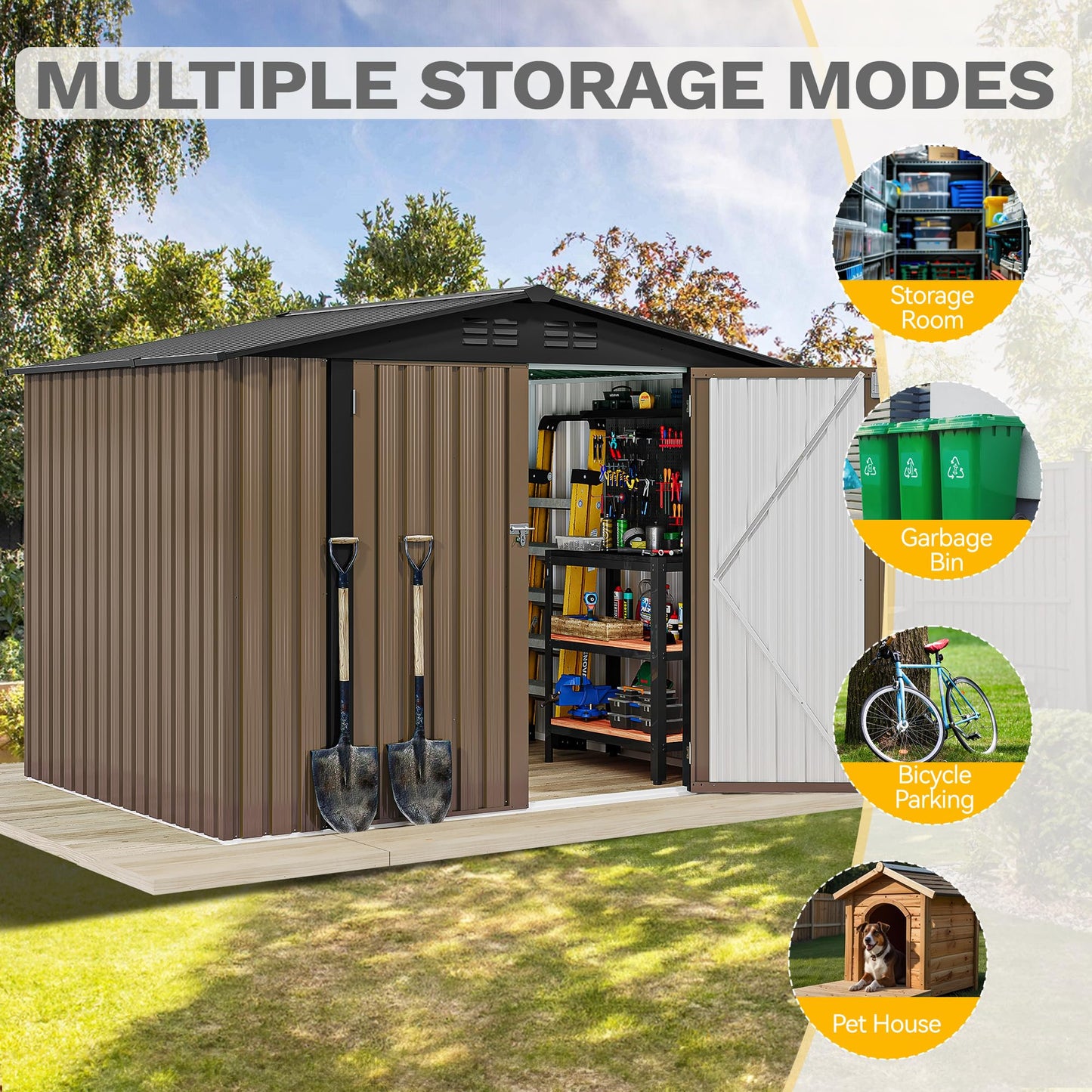 DWVO 7x5ft Metal Outdoor Storage Shed, Waterproof Tool Shed Heavy-Duty Storage Unit with Lockable Door and Vents, Ideal for Bicycles, Tools, Lawnmowers, Backyards, Patios, Lawns - Brown