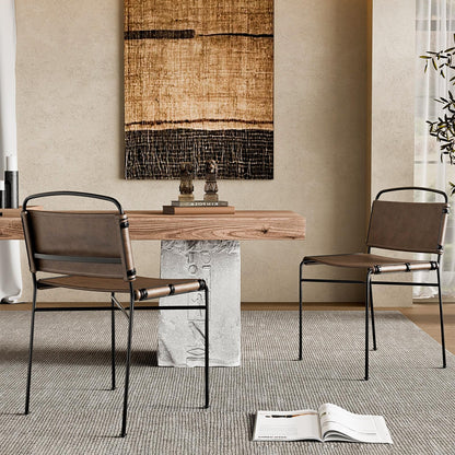 CY SISTERS Mid-Century Modern Dining Chairs Set of 2, Brown PU Faux Leather Dining Chair Armless Dining Room Chairs with Black Metal Legs, High-End Stylish Kitchen Restaurant Dining Chairs