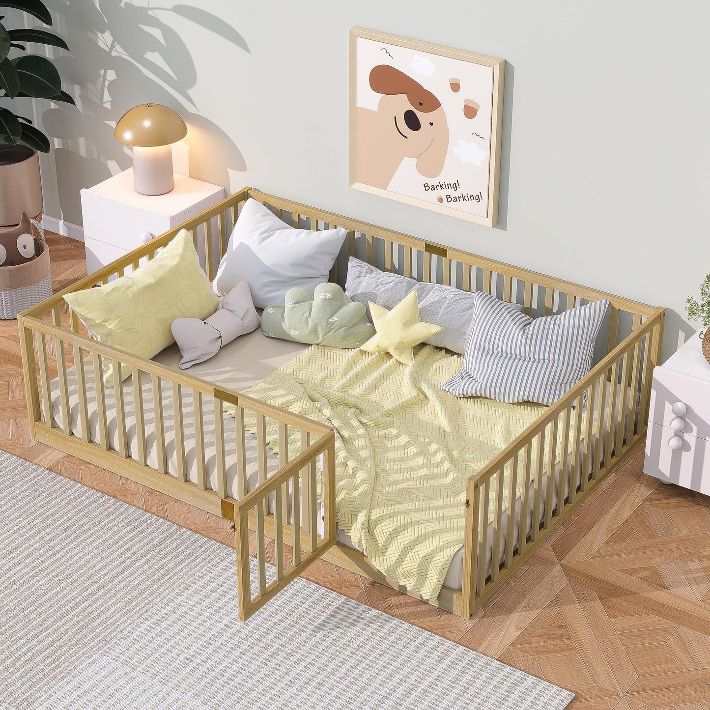 KEIKI Montessori Full Floor Bed with 21.5" High Fence, Revolving Door & 6 Slats, Rubber Wood Floor Bed Frame for Kids, Easy Assembly, Natural