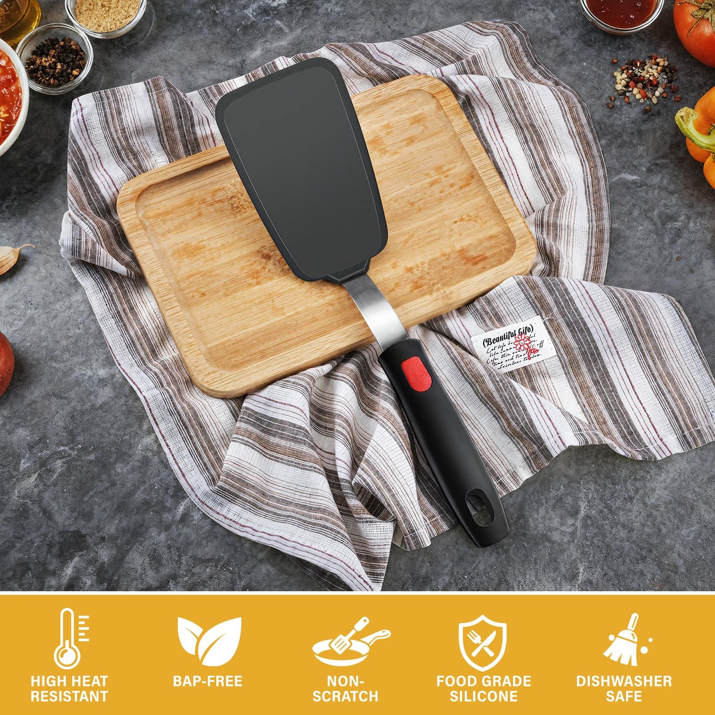 Flexible Silicone Spatula Turner, Heat Resistant Silicone Turner for Non-Stick Cookware, BPA-Free Food Grade Kitchen Spatula Utensils, Ideal for Flipping Eggs, Burgers, Pancakes, 11.8 x 2.4 in, Black