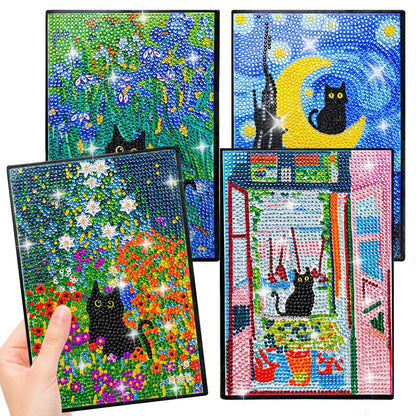 LINGFANG 4 Pack Diamond Art Kits for Adults Teens, Leather Cover Diamond Painting Journals Notebooks, DIY 5D Gem Dots Art Crafts for Teenagers' Birthday, Graduation, Christmas Gifts with Tools (Cat)