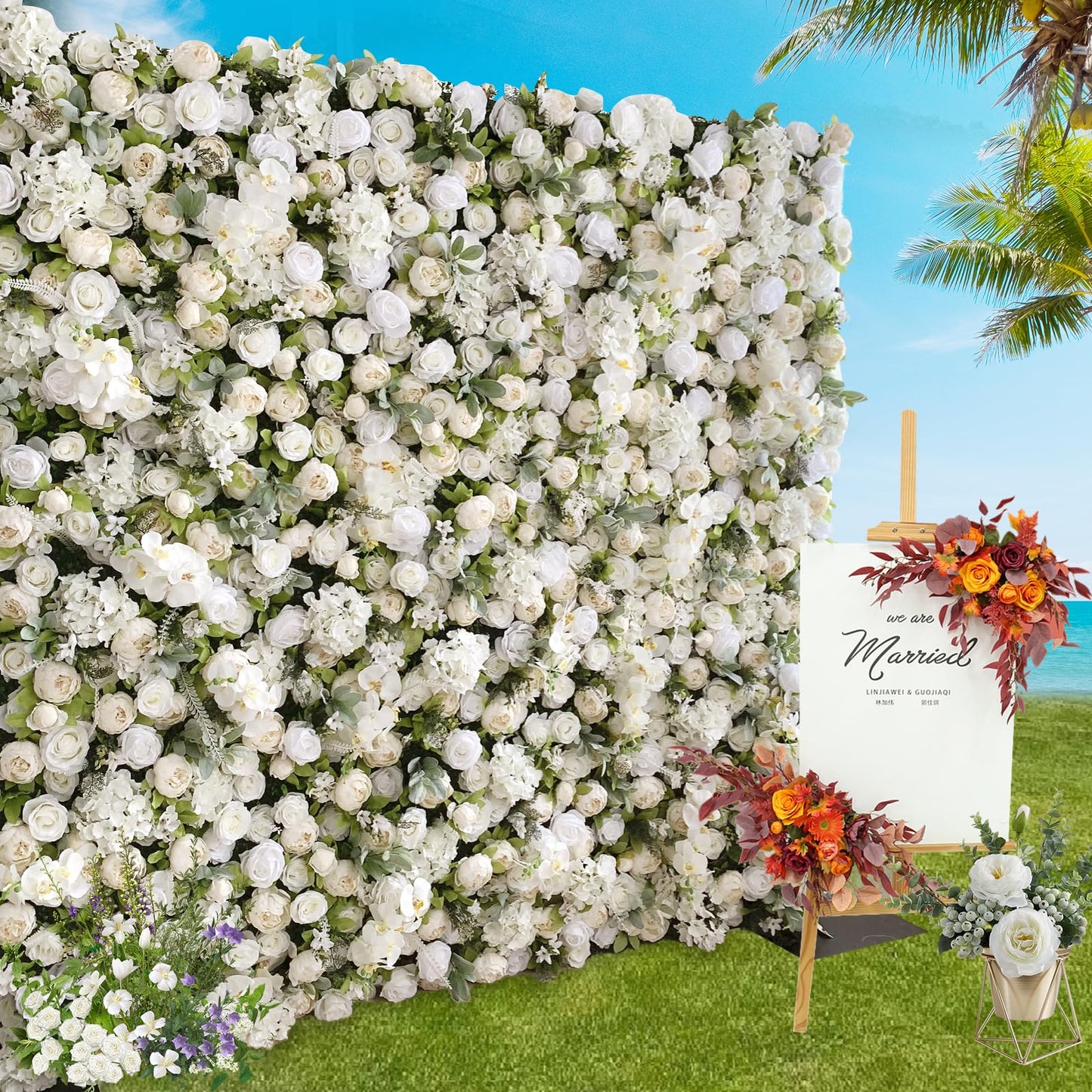 flora shining Artificial White Rose Flower Wall Panel, 94.5 x 94.5 inches, Wedding & Event Backdrop Decoration