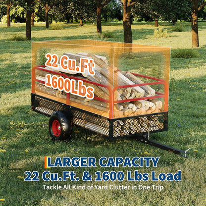 GarveeLife ATV UTV Trailer Tow Behind Dump Cart, 1600 lbs 22 Cubic Feet Heavy Duty Yard Garden Trailer Pull Behind with Removable Sides & All Terrain Tires, Fits Lawn Mower, Tractor, Garden