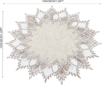 15 inches 15 Natural Linen Doily Round Neutral Earth Tones Beige Lace Coffee Table Topper Dresser Scarf Place Mats