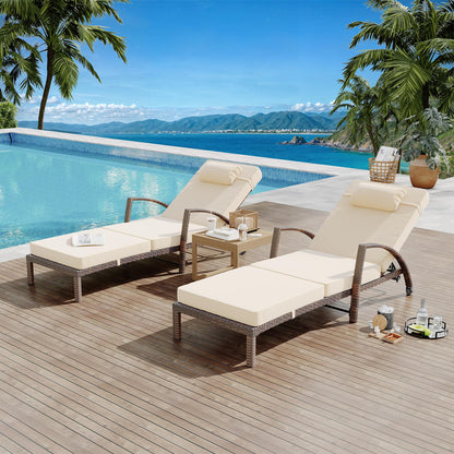 GarveeLife 2-Piece Rattan Patio Folding Chaise Lounge, 5-Position Adjustable Backrest Outdoor Lounge Chair with Cushion and Pillow for Poolside, Backyard, Deck, Porch, Beige
