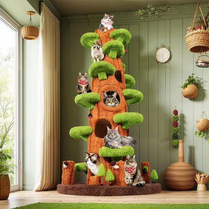NUNU LAB 90.5 Inch Tall Cat Tree - Large Magic Forest Cat Tree Tower with Sisal Scratching Posts, Side Hideout & Platforms, Multi-Level Solid Wood Cat Condo with for Multi-Cat Homes (Large Green)