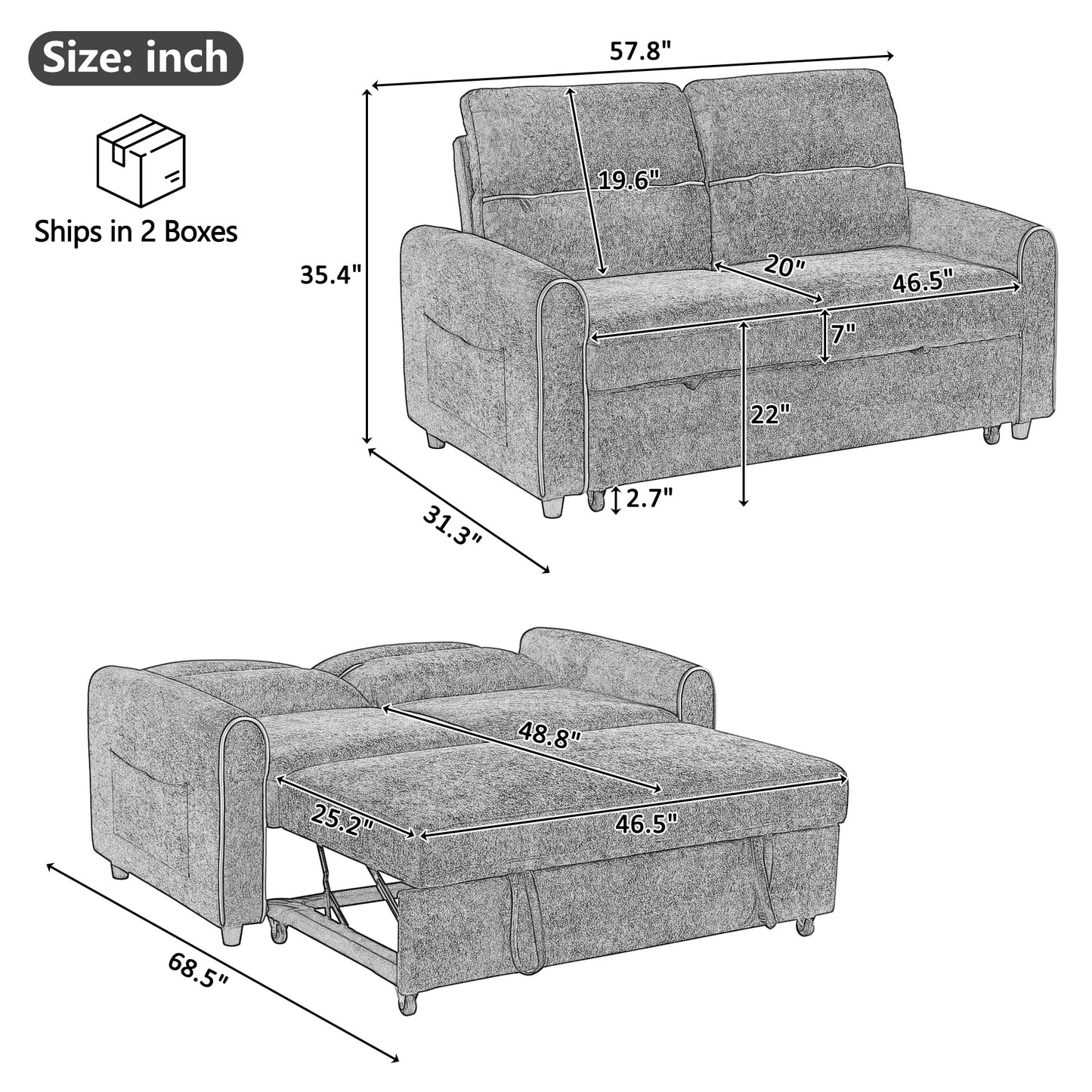 Eafurn 3 in 1 Convertible Sleeper Sofa Pull Out Couch Bed, 58" Chenille Futon Loveseat Recliner Daybed w/Reclining Backrest,Side Pockets and USB Ports for Living Room