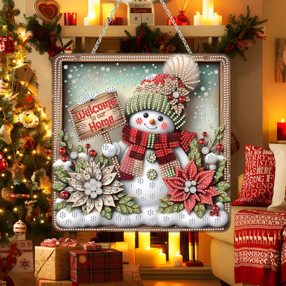 Diamond Art Hanging Kit for Adult,Special Shaped Rhinestone,DIY Acrylic Diamond Art Painting Window Pendants Home Garden Wall Hanging Kits Hanging Ornament,Double Sided. (Christmas Snowman-1)