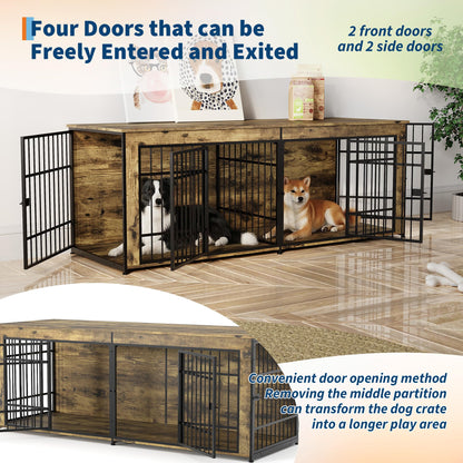GarveeLife 78.7" Heavy Duty Dog Crate Furniture, Dog Cage Furniture with Divider,Wooden Kennel Indoor TV Stand End Table for Large/Medium Dogs, Rustic Brown
