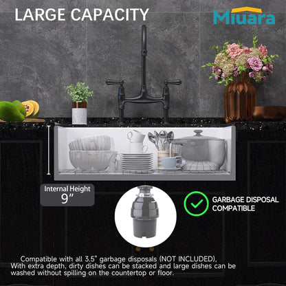 Miuara Farmhouse Sink 33 Inch - Apron Front Kitchen Sink Reversible 33"x18"x10", Undermount Installation, Farm House Style Single Bowl, Solid Fireclay, Glossy White, for Kitchen