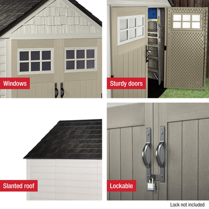 Rubbermaid 7 Foot by 7 Foot Weatherproof Outdoor Storage Shed for Garden Tools and Lawn Machinery Organization with Lockable Double Door Sandstone