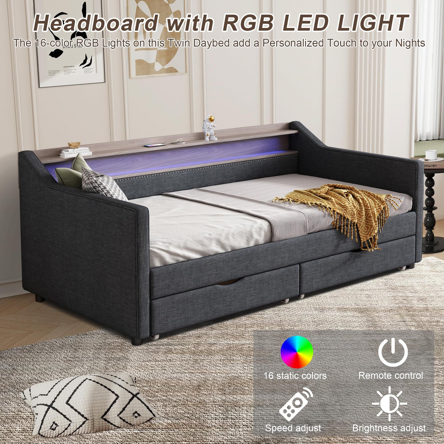 Ball & Cast Twin Size Daybed with Storage,Linen Upholstered Day Bed with 2 Drawers, Daybed Frame with USB Port and Smart LED Light,Wood Slat Support,No Box Spring Needed,Dark Grey