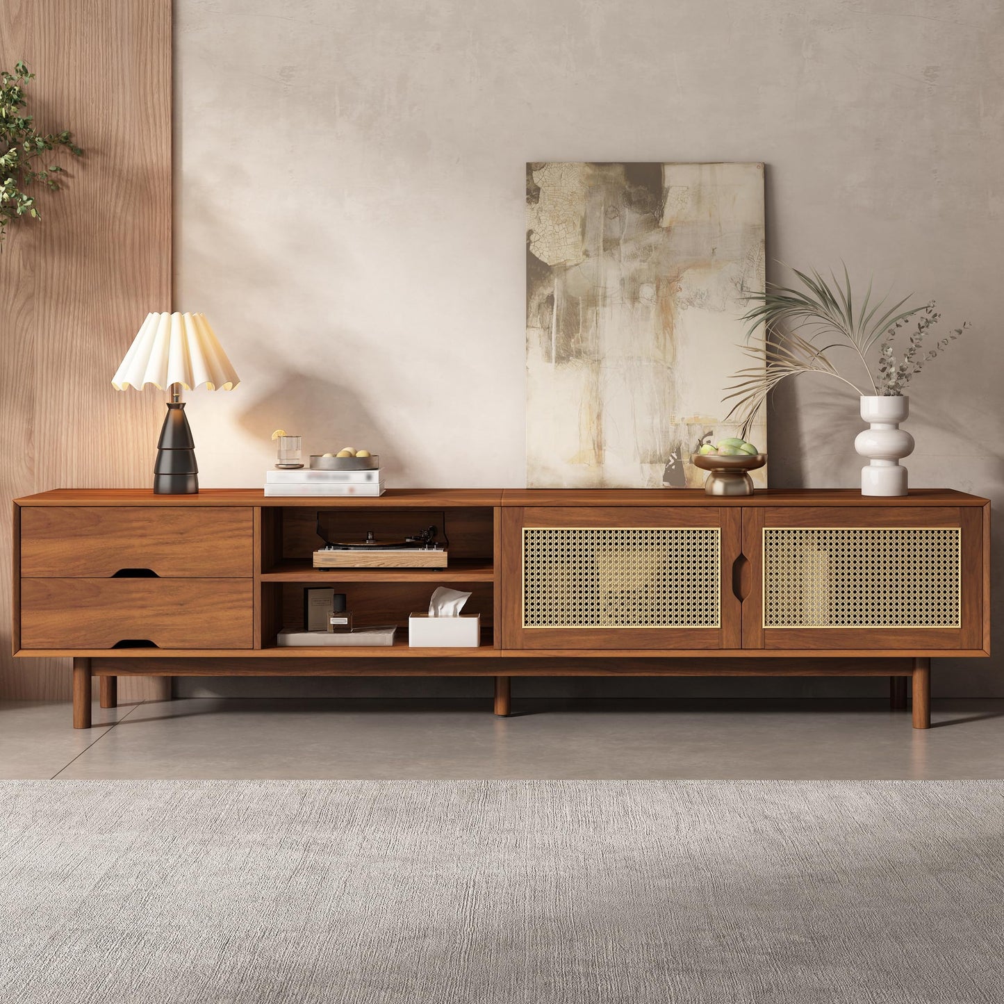 Merax Rattan TV Stand 78 Inch for 85 Inch TV, Modern Media Console with 2 Drawers, Wood Entertainment Center with Solid Wood Legs for Living Room