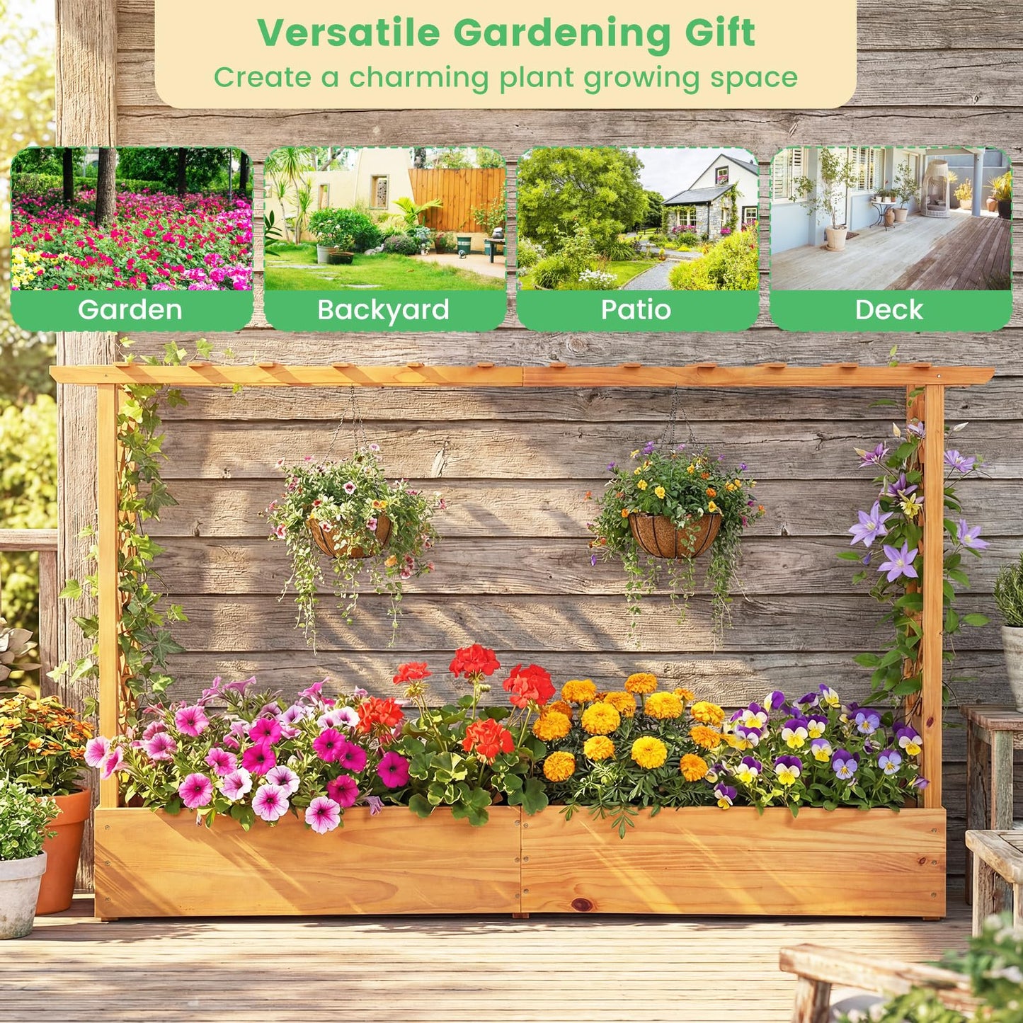 LDAILY Raised Garden Bed with Trellis, Above Ground Garden Bed with Hanging Roof, Side Trellis, & 6 Drainage Holes, Planter Box for Outdoor Climbing Plants Vines Flowers