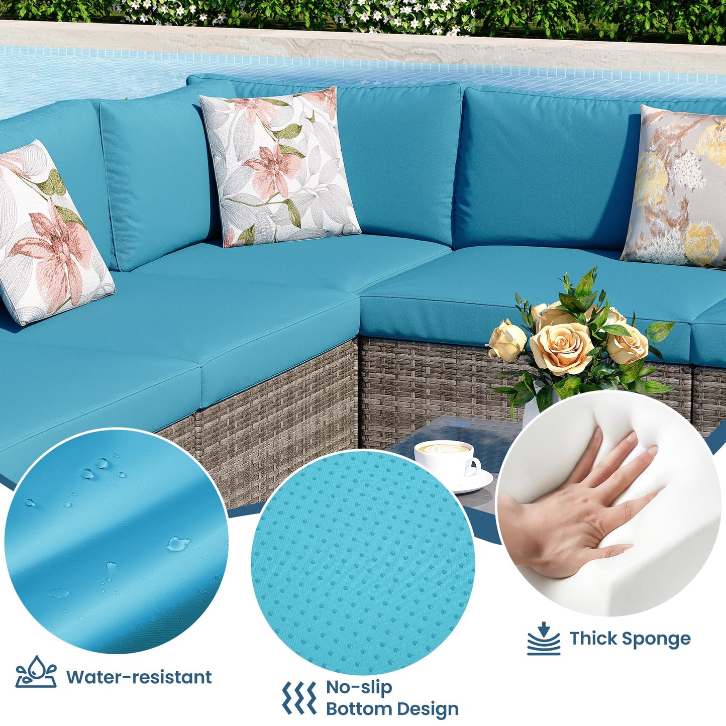 8 Pieces Outdoor Patio Furniture Set with 43" Fire Pit Table, Wicker Outdoor Patio Sectional Sofas with Cushions and Coffee Table, All-Weather Patio Conversation Set for Garden Backyard, Light Blue