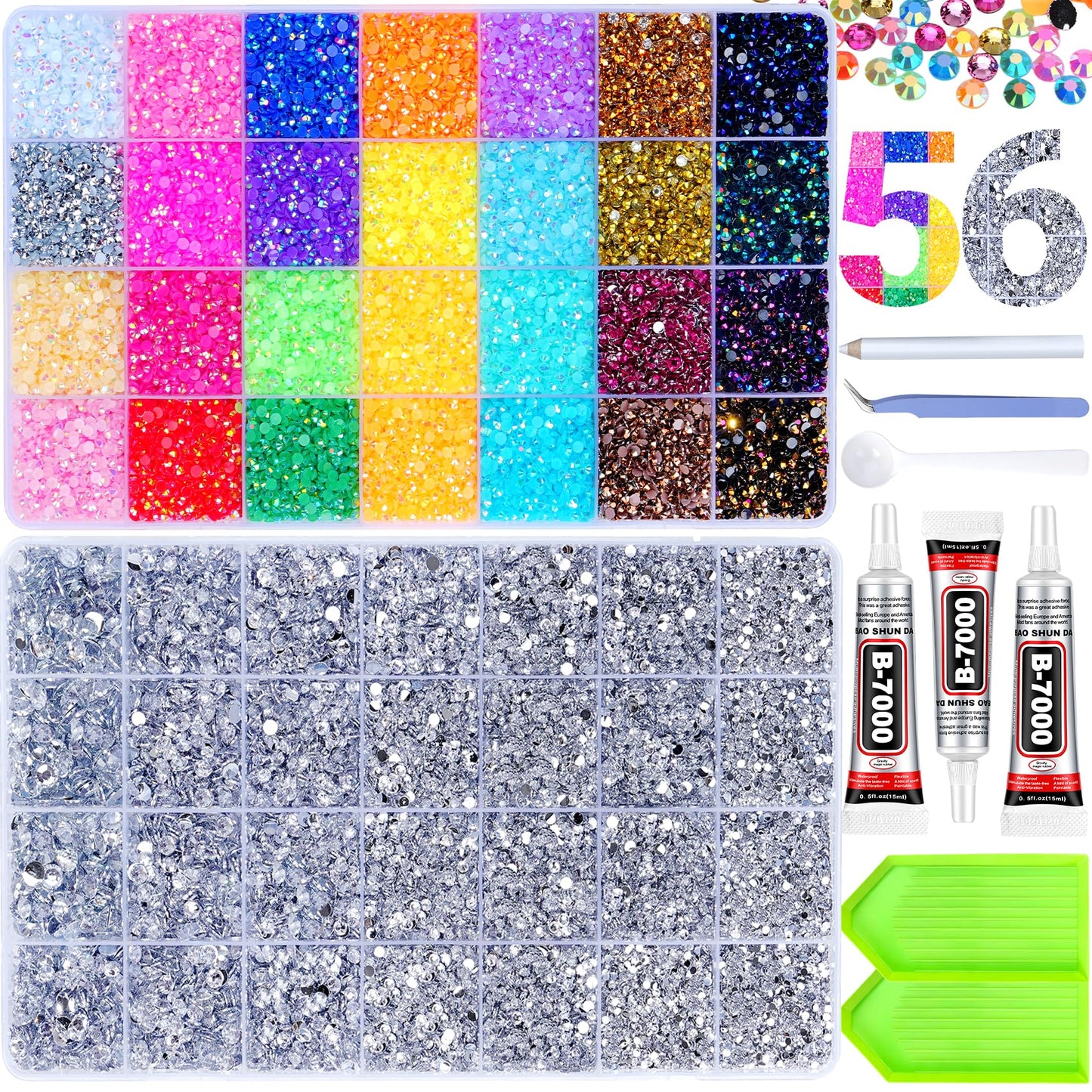 61000Pcs Jelly Rhinestones for Bedazzling, 2 Boxes Multicolor 3mm & Silver Clear 2/3/4/5/6mm Resin Flatback Gems for Crafting, Bedazzler Kit with 3Pcs 15ml B7000 Jewelry Glue for Crafts Clothes Book