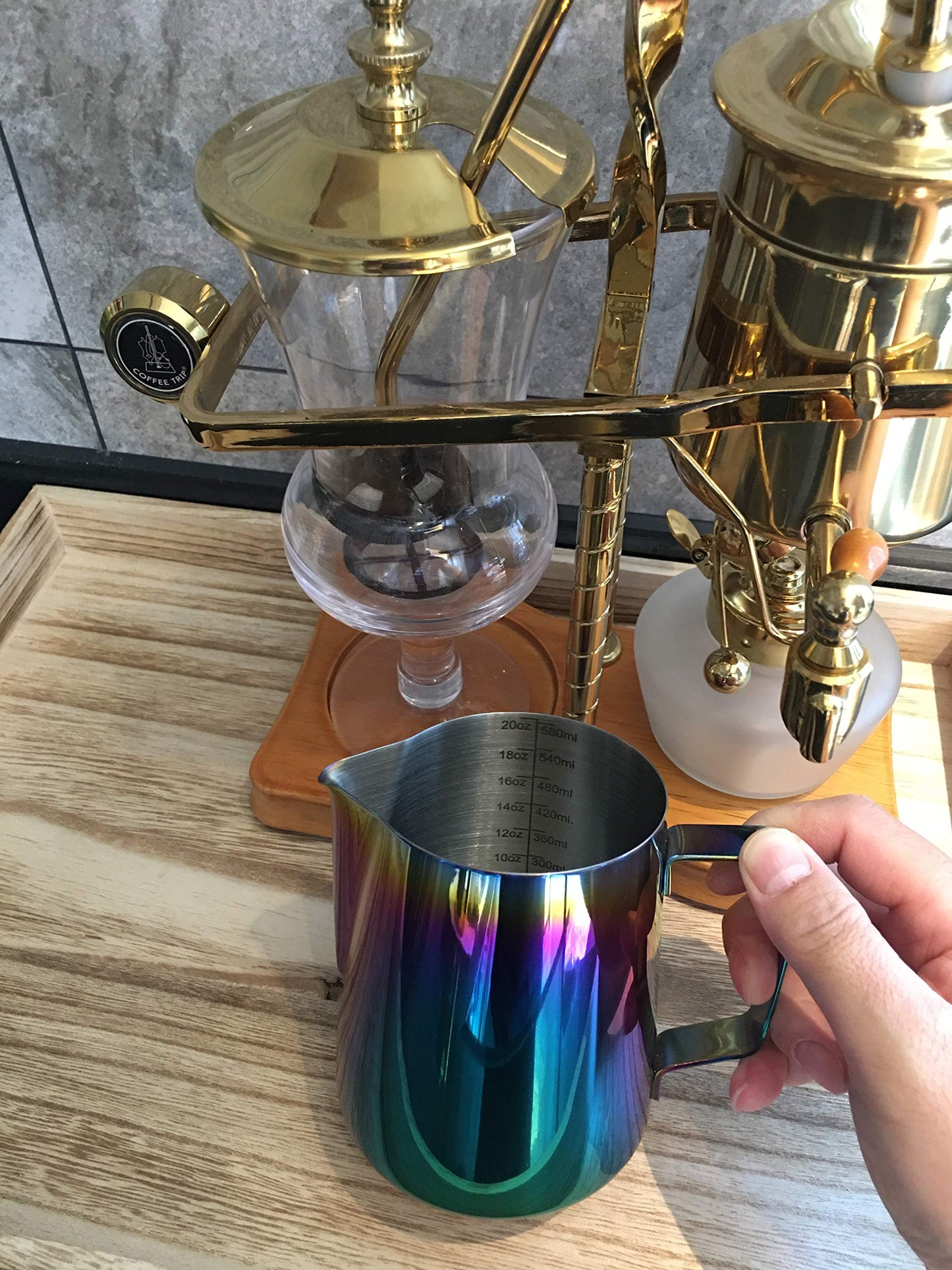 Joytata Milk Frothing Pitcher 32oz Stainless Steel Cup Double Measurement Scale Perfect for Latte Art Frother SUS304 Steaming 900ML Rainbow, Multicolor