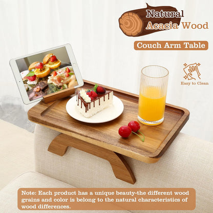 Acacia Wood Couch Armrest Table,Sofa Arm Tary Table for Living Room,Sofa Armrest Tray with Rotated Phone Holder,Clip on