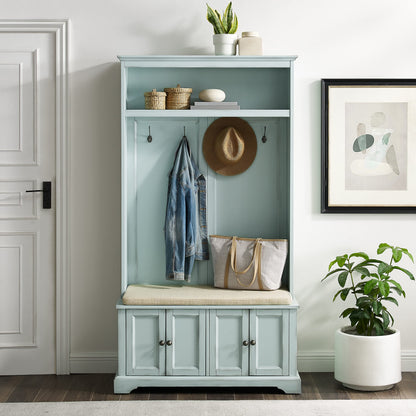Crosley Furniture Holbrook Hall Tree with Shoe Rack Bench and Coat Hooks for Hanging Storage, Distressed Seafoam Blue