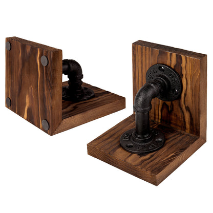 MyGift Book Ends, Decorative Bookends, Heavy Duty Book Holders for Shelves, Rustic Wood with Realistic Industrial Pipe Design,Unique Ideas for Father's Day, Christmas