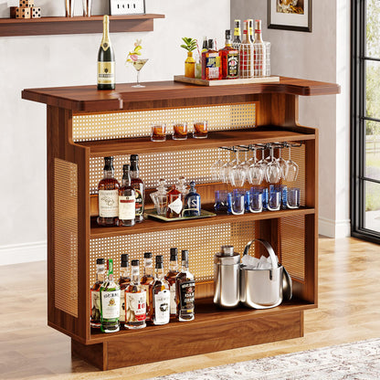 Tribesigns Rattan Home Bar Unit, Farmhouse 4-Tier Bar Table with 4 Stemware Racks and Heightened Base, Liquor Wine Bar Cabinet Mini Bar Table for Home Pub, Caramel Brown