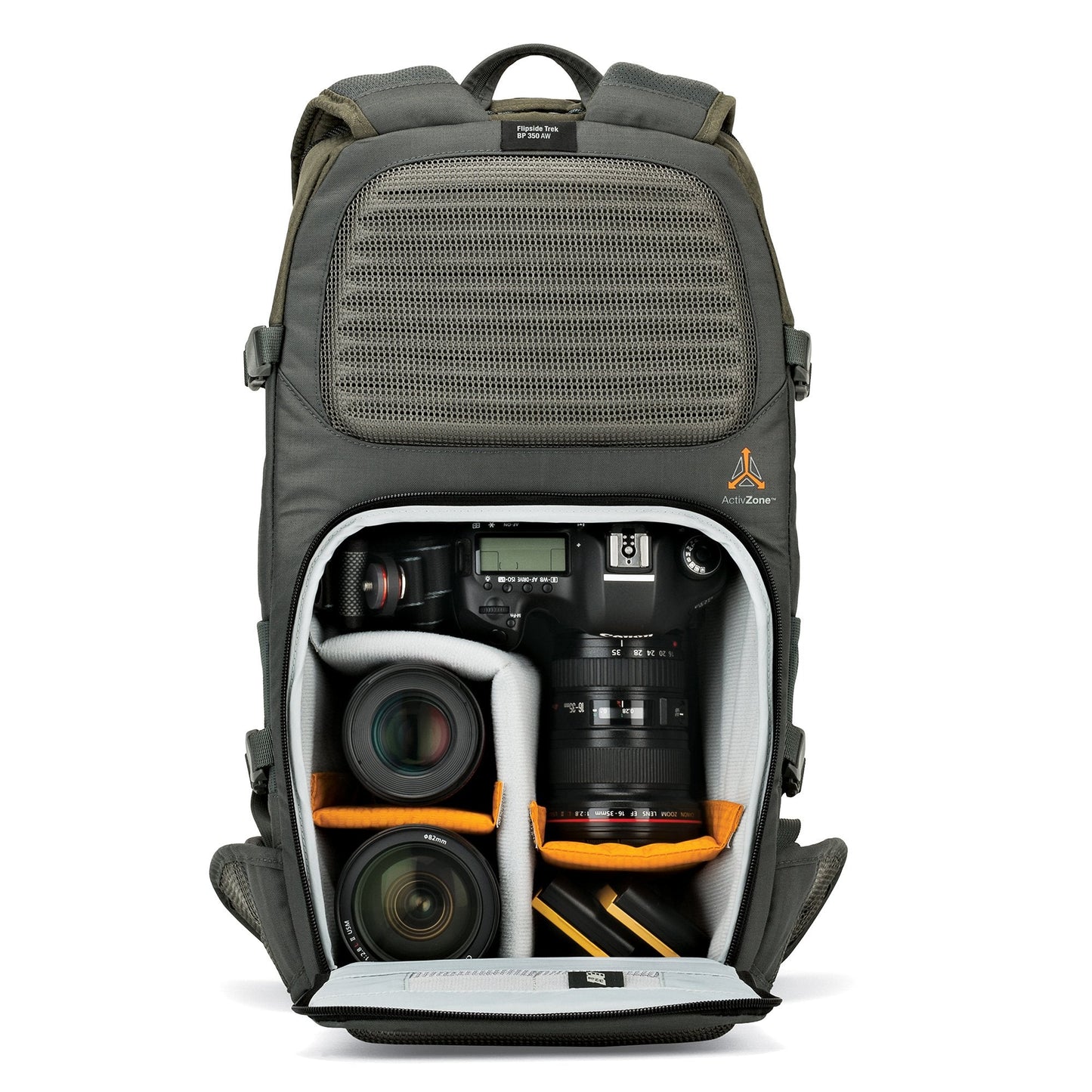 Lowepro LP37015-PWW, Flipside Trek BP 350 AW Backpack for Camera, Stores DSLR with Lens Attached, Extra Lenses, Tripod, 10 Inch Tablet Grey/Dark Green