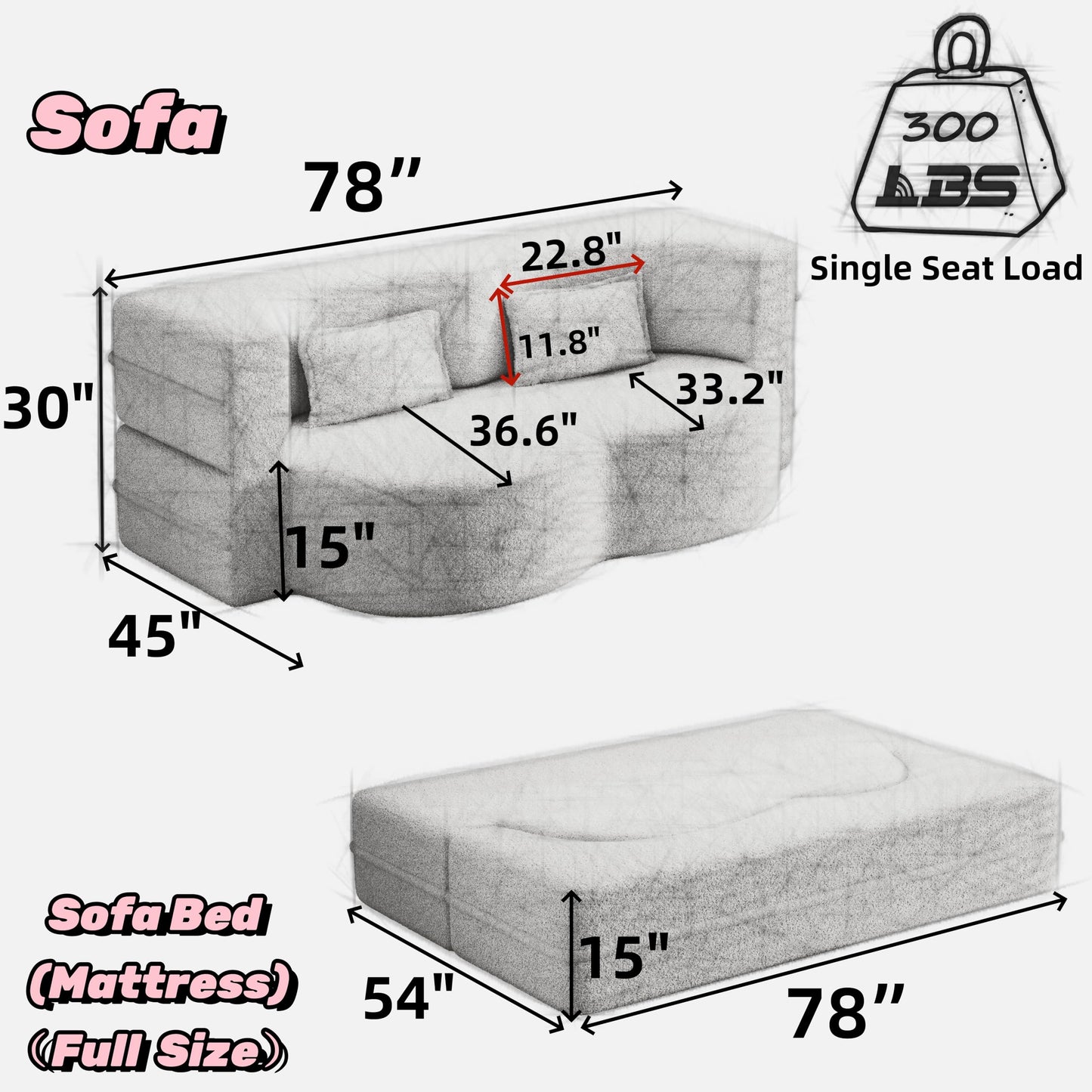 78" Oversized Convertible Folding Sleeper Sofa Bed, Fold Out Floor Lounge Sofa Couch with Curved Design, Cloud Teddy Fleece Upholstered Foldable Mattress Couch Cozy Sofabed for Living Room