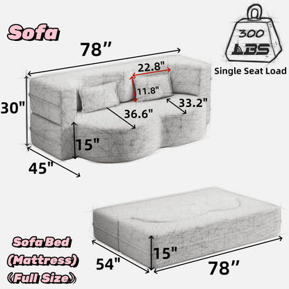 78" Oversized Convertible Folding Sleeper Sofa Bed, Fold Out Floor Lounge Sofa Couch with Curved Design, Cloud Teddy Fleece Upholstered Foldable Mattress Couch Cozy Sofabed for Living Room