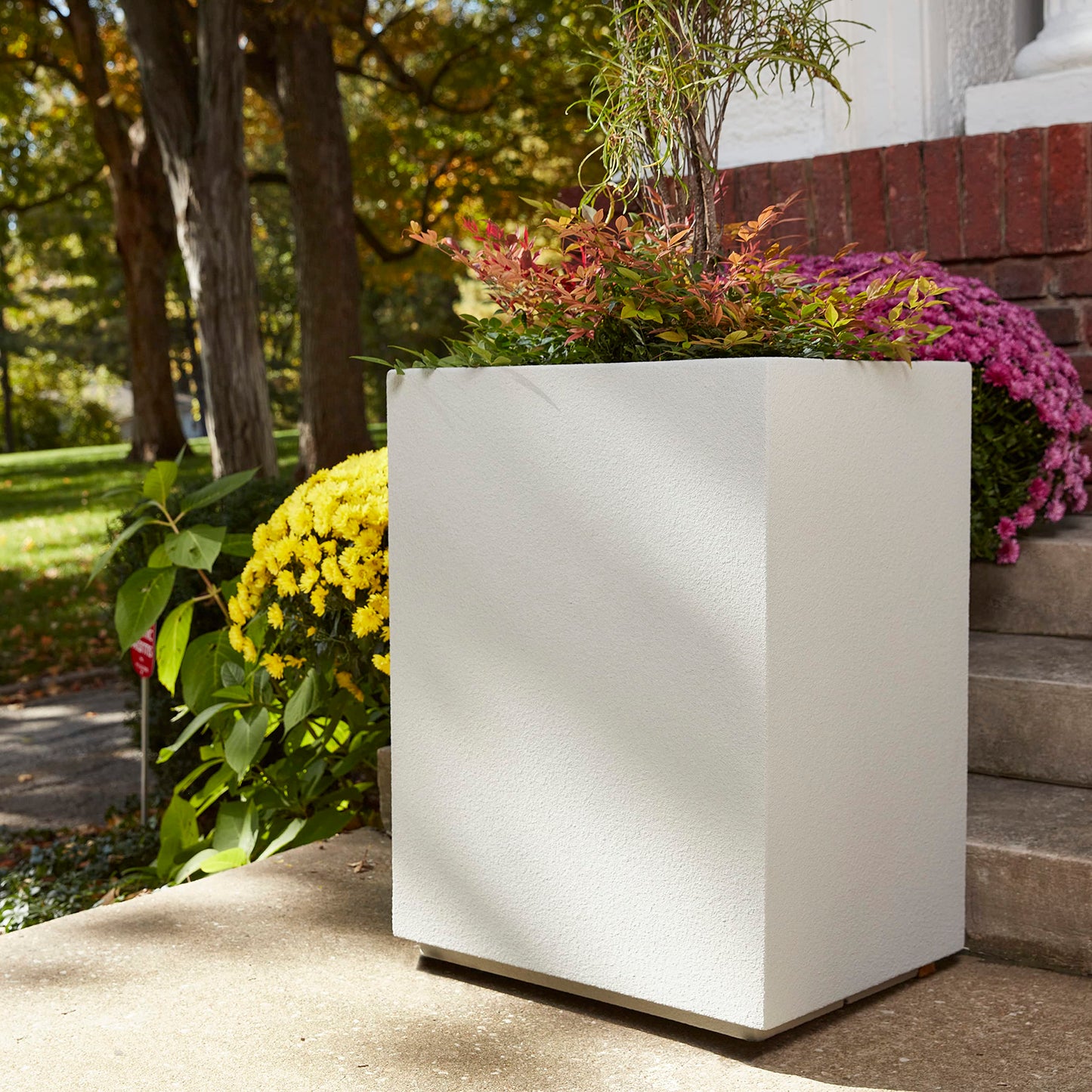 PolyStone Cozumel Column Planter – 23" x 18" x 30" – Large Indoor/Outdoor Planter Box for Patio & Garden – Modern Stone-Look Resin – Durable All-Weather w/Drainage Holes - Made in USA – Greige