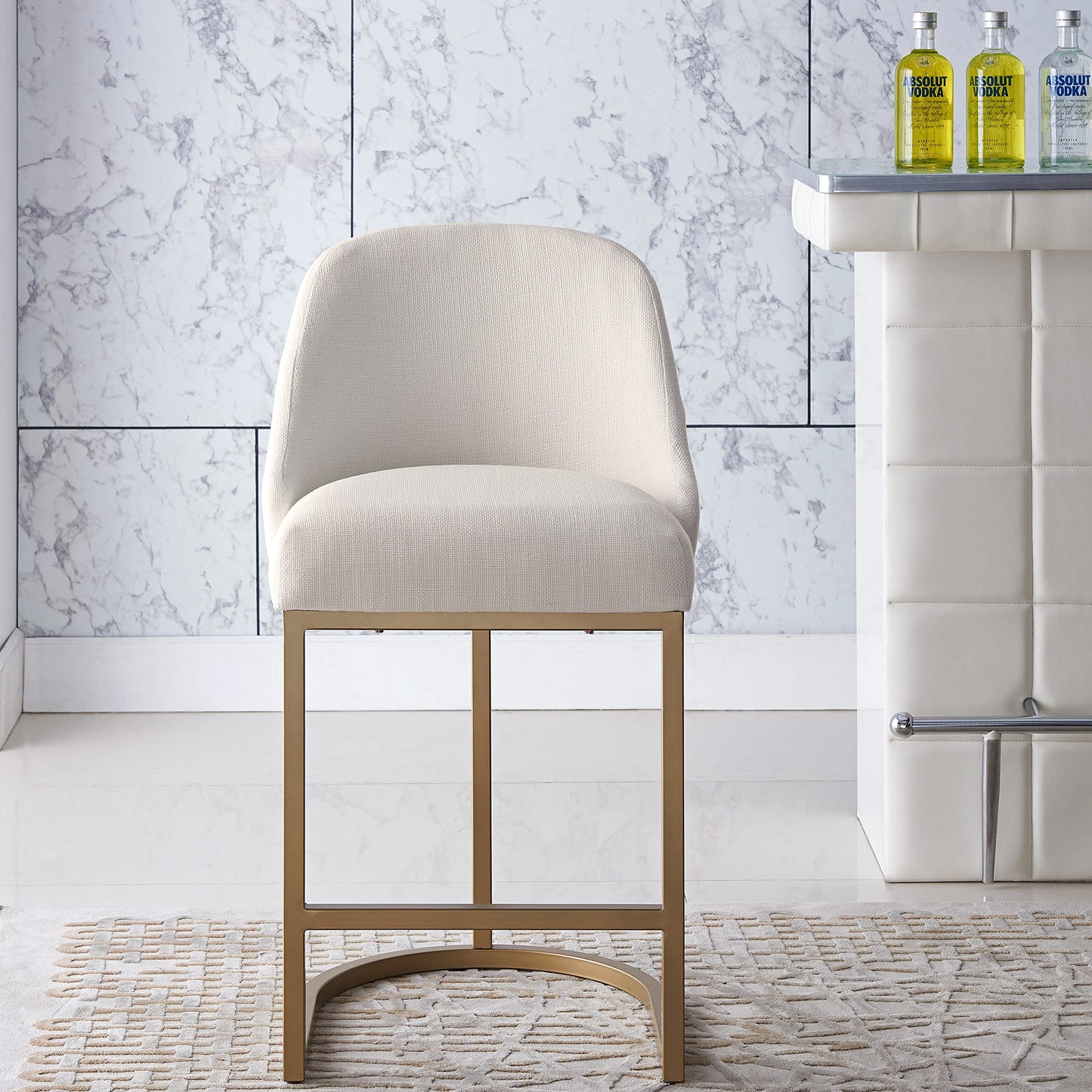 Leick Home 214957 Barrelback Counter Stool with Metal Base, Set of 4, for Elevated Kitchen Counters, High Top Tables, and Bars, Modern White Linen Seat and Gold Metal Base