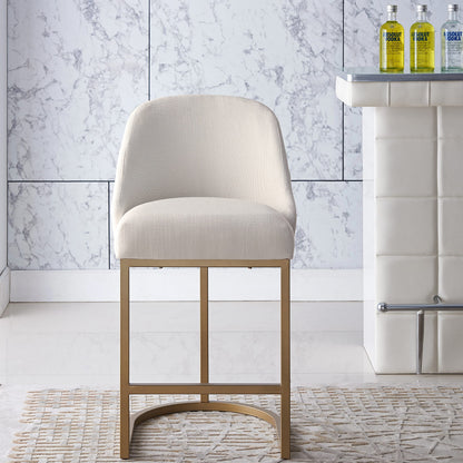 Leick Home 214957 Barrelback Counter Stool with Metal Base, Set of 4, for Elevated Kitchen Counters, High Top Tables, and Bars, Modern White Linen Seat and Gold Metal Base