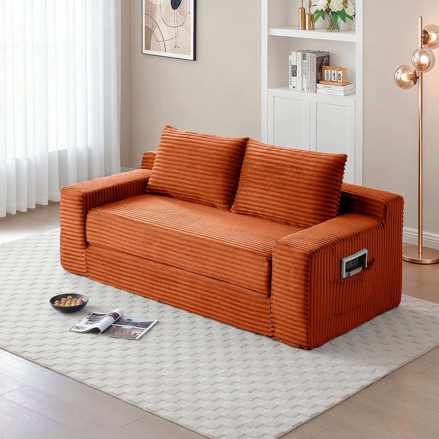 Zyerch 73" Convertible Sofa Bed, 2 in 1 Corduroy Folding Couch with Pillows, No Assembly Boneless Compression Sofa in Box, Loveseat with Side Storage Pocket for Apartment, Living Room, Orange