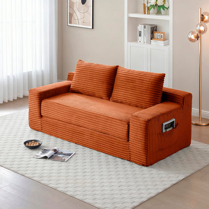 Zyerch 73" Convertible Sofa Bed, 2 in 1 Corduroy Folding Couch with Pillows, No Assembly Boneless Compression Sofa in Box, Loveseat with Side Storage Pocket for Apartment, Living Room, Orange