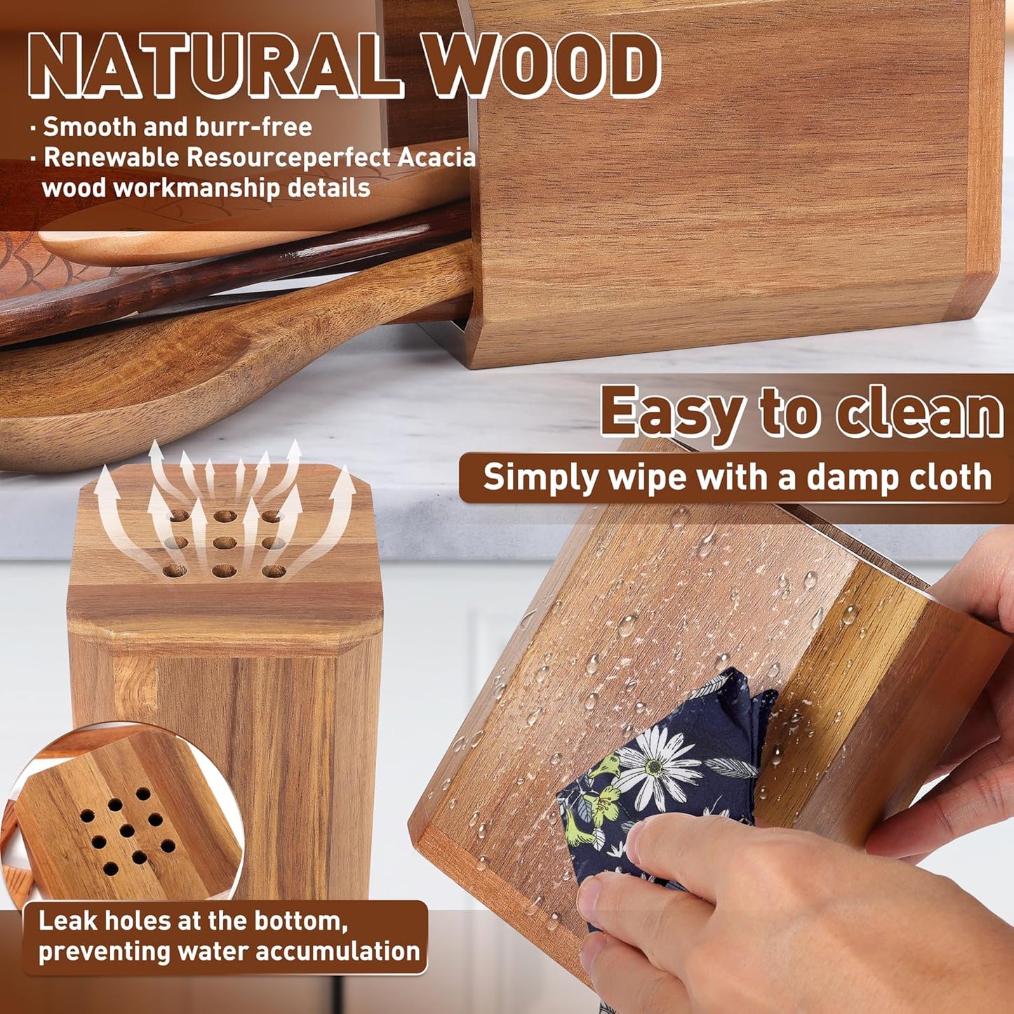 Kitchen Utensil Holder for Countertop, Wooden Utensil Crocks - Cooking Spoons Organizer