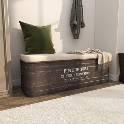 Deco 79 Metal Room Storage Bench Entryway Bench with Cream Burlap Top and Champagne Typography, Bench 48" x 16" x 17", Brown