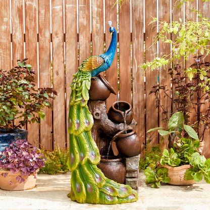 Glitzhome Oversized 4-Tiered Peacock and Jars Polyresin Outdoor Floor Fountain with Pump and LED Light, 40" H