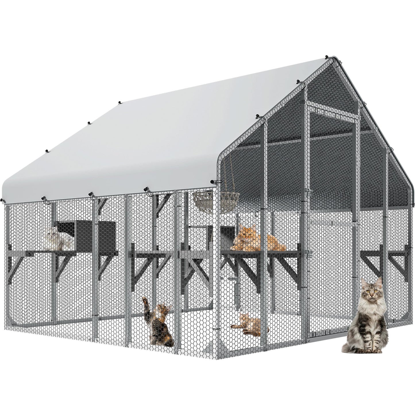 YITAHOME 94 Inch Outdoor Cat Enclosure, Extra Large Outdoor Cat House for Multiple Cats, Metal Cat Cage with Weatherproof Roof, 7 Platforms, 2 Resting Box and Cat Hammock Bed