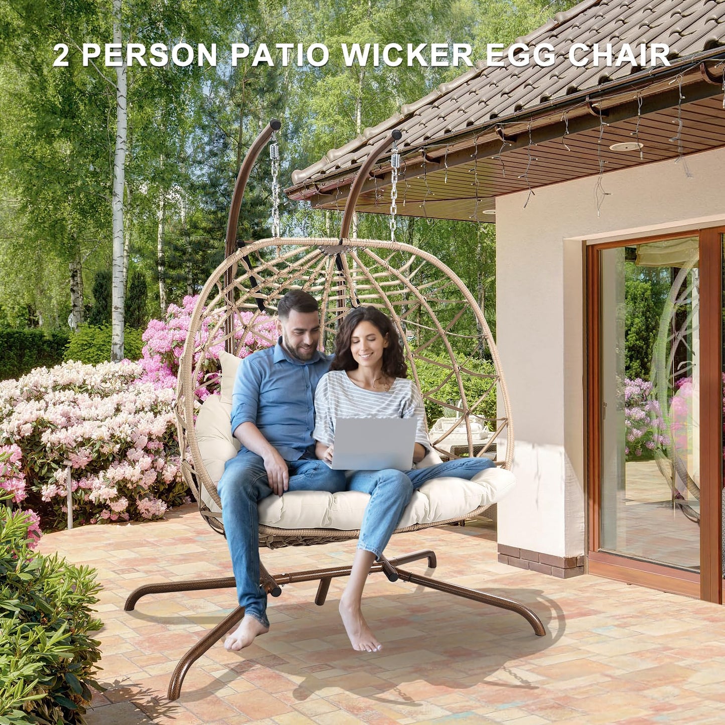 NOBLEMOOD Outdoor Egg Swing Chair with Stand, 2 Person Patio Swing Chairs with Thick Cushions and Pillows, Wicker Double Egg Chair Swing for Indoor Bedroom