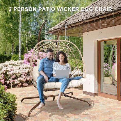 NOBLEMOOD Outdoor Egg Swing Chair with Stand, 2 Person Patio Swing Chairs with Thick Cushions and Pillows, Wicker Double Egg Chair Swing for Indoor Bedroom