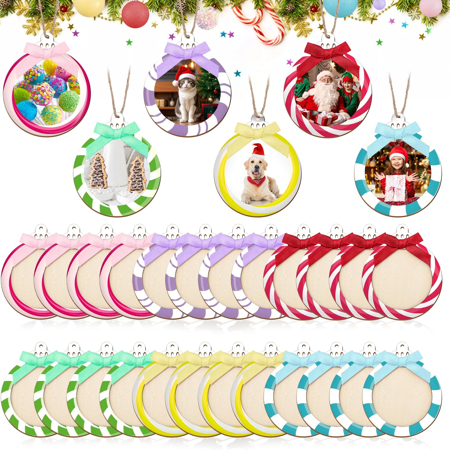 24 Pcs Wooden Candyland Photo Frame Ornaments, Picture Ornaments for Hanging, Candyland Decorations & Stockings Decor, DIY Keepsakes for Candyland Party (Macaron)