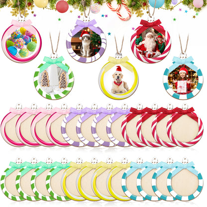 24 Pcs Wooden Candyland Photo Frame Ornaments, Picture Ornaments for Hanging, Candyland Decorations & Stockings Decor, DIY Keepsakes for Candyland Party (Macaron)
