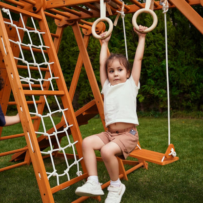 Avenlur 8-in-1 Small Indoor/Outdoor Playset – Foldable Wooden Kids Play Set for Backyard – Kid Playground for Toddlers Age 2–6 with Slide, Monkey Bars, 2 Ladders, 2 Swings, Rock Climbing, Gym Rings