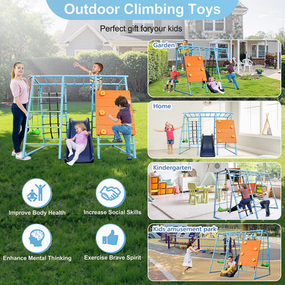 YuAnWe 6 in 1 Indoor Playground, Metal Jungle Gym with Climbing Wall, Slide, Monkey Bars, Rope Ladders and Two Swings, Playset for Kids Ages 3-12