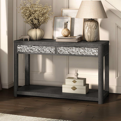 Furniture of America Selyra Modern Contemporary Solid Wood 48-inch Sofa Table with Dented Stainless Steel Accents, Wire Brush and Drawer on Ball-Bearing Glides for Living Room, Ash Gray