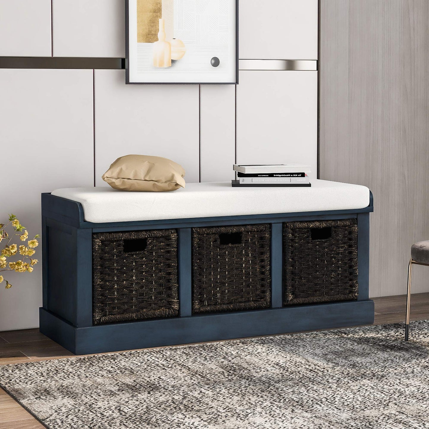 Merax Farmhouse Solid Wood Entryway Bench with Seat Cushion Multifunctional Storage Bench for Hallway Living Room Bedroom (Antique Navy)