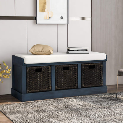 Merax Farmhouse Solid Wood Entryway Bench with Seat Cushion Multifunctional Storage Bench for Hallway Living Room Bedroom (Antique Navy)