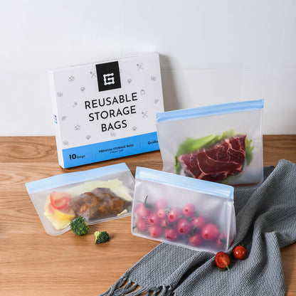 Gridlabs Reusable Storage Bags | Premium Set of 10 Bags | Perfect Food Bags for Lunch Sandwich and Kids Snacks | Leakproof Extra Thick Food Safe Material – Freezer Safe