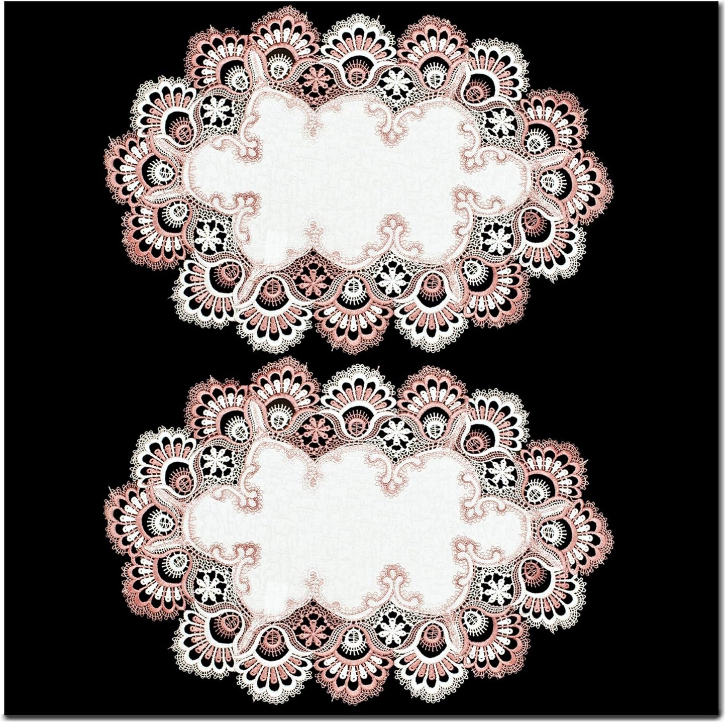 White Mauve Rose Jacquard Lace Doily, Placemats, Dresser Scarf, Table Runner Set of 2 (14Wx21L)