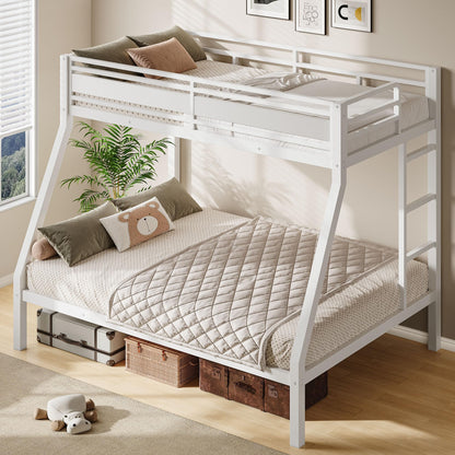 Feonase Bunk Beds Twin Over Full Size, Heavy Duty Metal Bunk Beds with Safety Guardrail & Ladders, Steel Loft Bed Frame for Teens and Adults, Apartment or Dorm, Noise Free & Easy Assembly, White